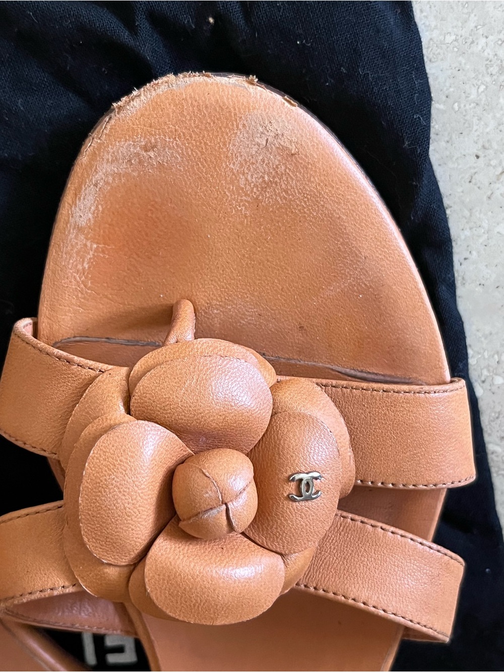 CHANEL Tan Leather Camellia Slide Sandals - Picture 2 of 6